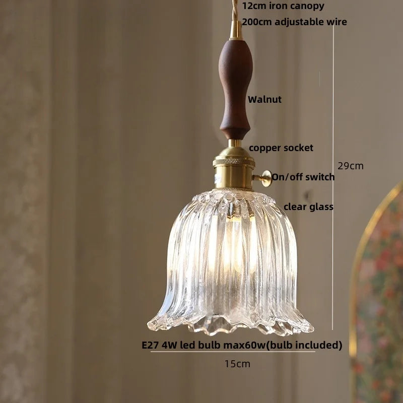 مصباح معلق LED زجاجي أخضر DecorBites™ | خشب جوز نورديك حديث | مفتاح بمقبض نحاسي | إضاءة متدلية