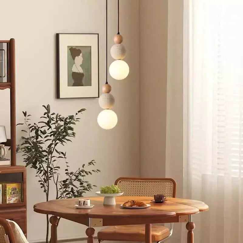Travertine Stone and Wood Bauhaus Pendant Light
