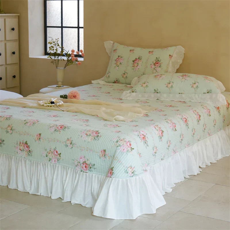 DecorBites™ Cotton Floral Ruffles Quilted Bedspread Set with Pillowcases