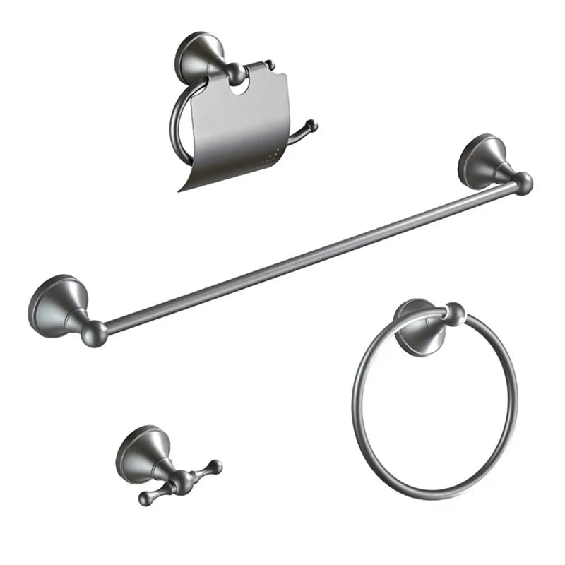 DecorBites™ Gray Bathroom Accessories Set: Towel Rack, Toilet Brush Holder, Shelf, Soap Dish