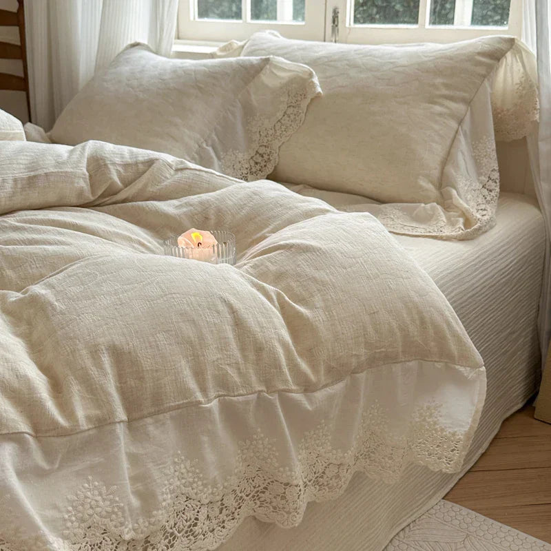 DecorBites™ Jacquard Linen Cotton Ruffles Bedding Set with French Lace in Natural Skin Tone