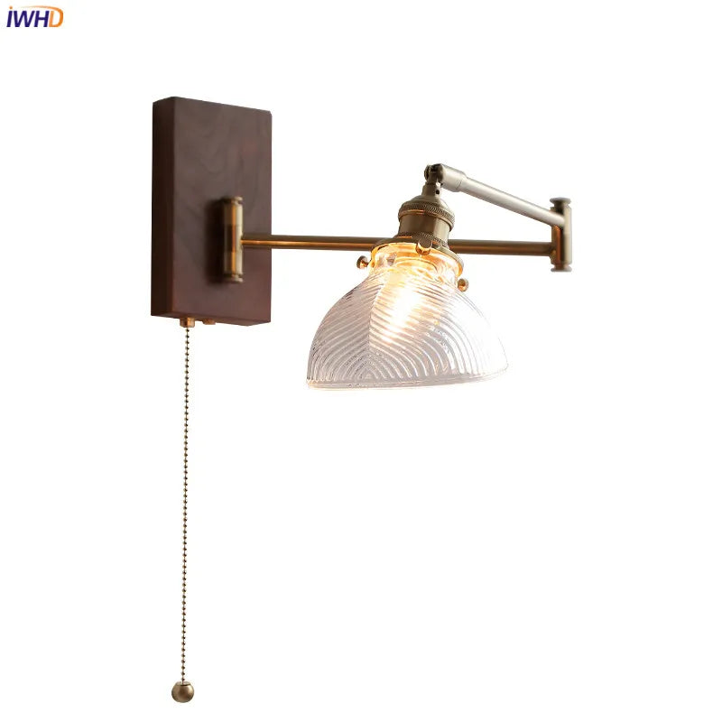 DecorBites™ Clear Glass Copper LED Wall Light with Pull Chain Switch & Walnut Wood Canopy