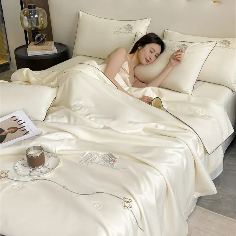 DecorBites™ Ice Rayon Summer Quilt: Bear Floral Embroidery Cooling Thin Blanket - Antimicrobial Comforter