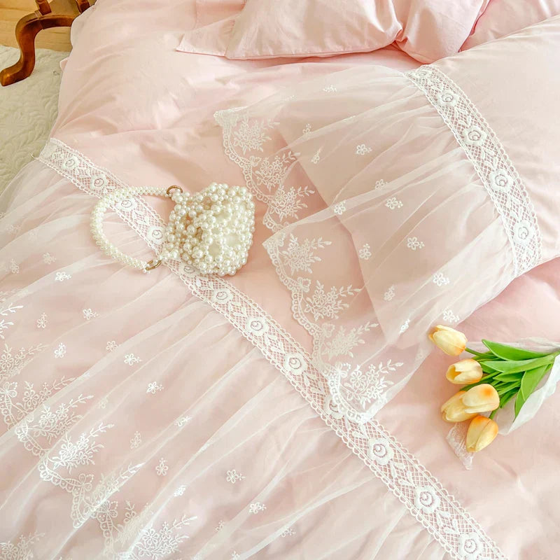 DecorBites™ French Princess Lace Ruffles Bedding Set, 100% Cotton, Pink Romantic Theme