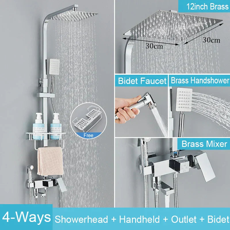 DecorBites™ Black Brass Shower Faucet Set Rainfall Bathtub Tap With Bathroom Shelf
