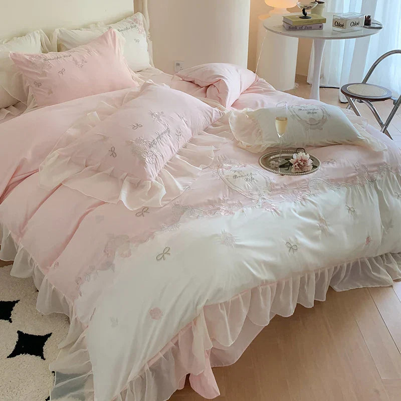 DecorBites™ 4Pcs Flowers Embroidery Princess Queen Bedding Set with Lace Ruffles