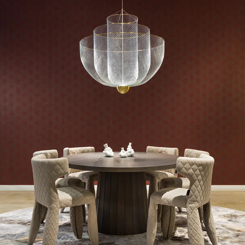 DecorBites™ Gold Mesh Grid Ceiling Chandelier: Dimmable LED Indoor Lighting
