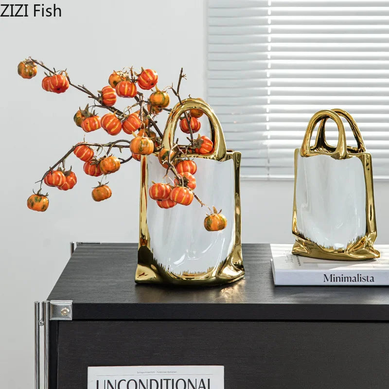 DecorBites™ Golden Handbag Ceramic Vase for Stunning Flower Arrangements