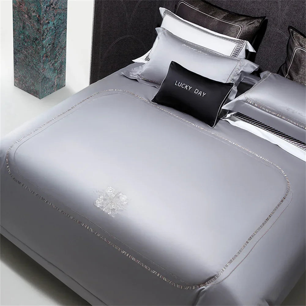 DecorBites™ Cotton Satin Jacquard Embroidery Bedding Set with Elastic Sheet & Duvet Cover