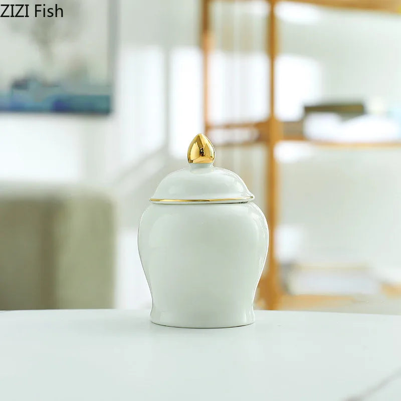 DecorBites™ Gold Tea Canister Ceramic Storage Jar with Lid for Desk Decoration
