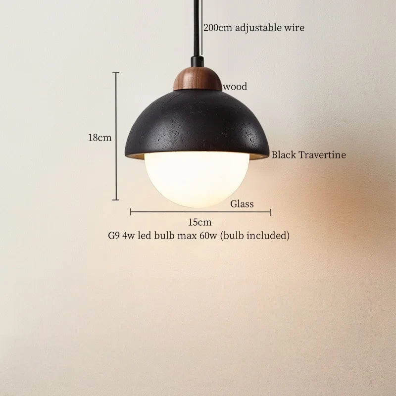 DecorBites™ Glass Ball LED Pendant Lights Black Travertine Wabi Sabi Hanging Lamp
