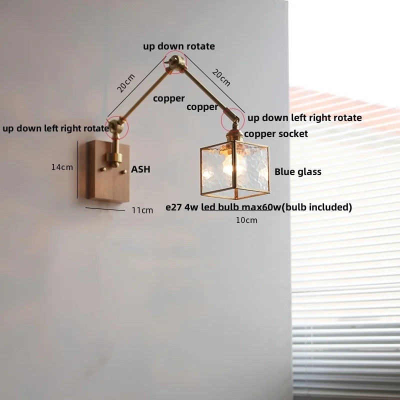 DecorBites™ Ash Wood LED Wall Lights Swing Arms Blue Glass Bedside Lamp