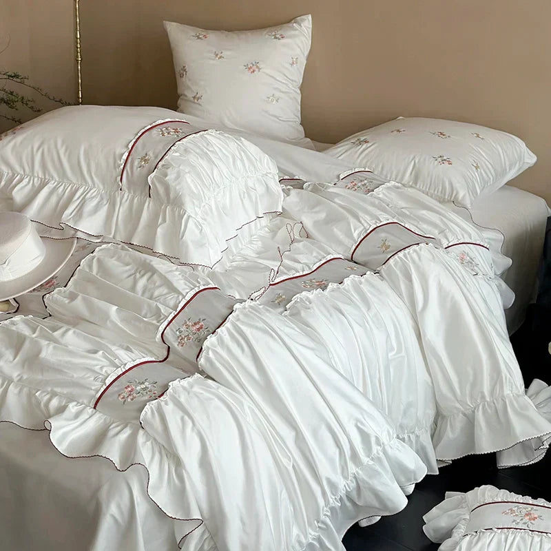 DecorBites™ 1000TC Cotton Flowers Embroidery Lace Ruffles Bedding Set