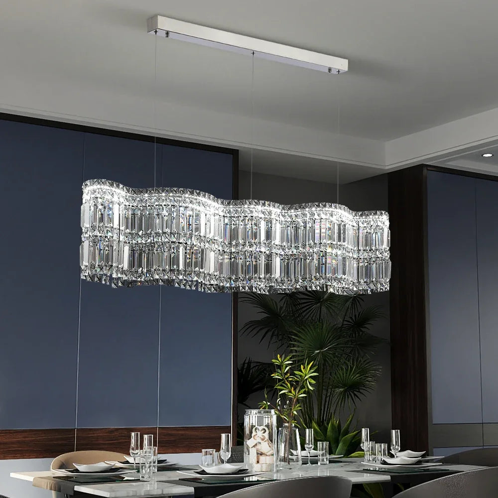 Modern Linear Crystal Pendant Light In Brushed Stainless