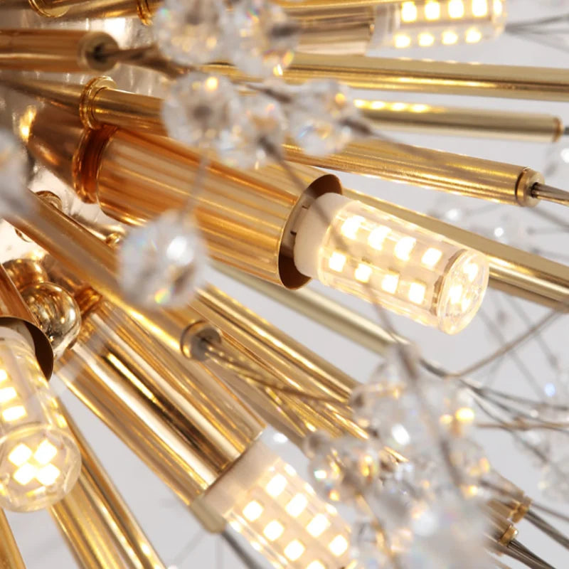 ثريا كريستال جولدن داندلايون من DecorBites™: مصباح سقف نورديك دافئ بتقنية LED لغرفة المعيشة الرومانسية.