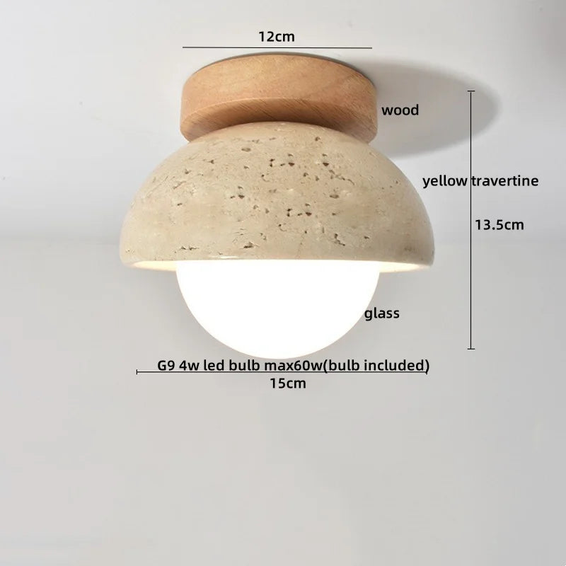 DecorBites™ مصباح سقف LED على الطراز الياباني، قاعدة خشبية حجرية من الترافرتين الأصفر لغرفة النوم