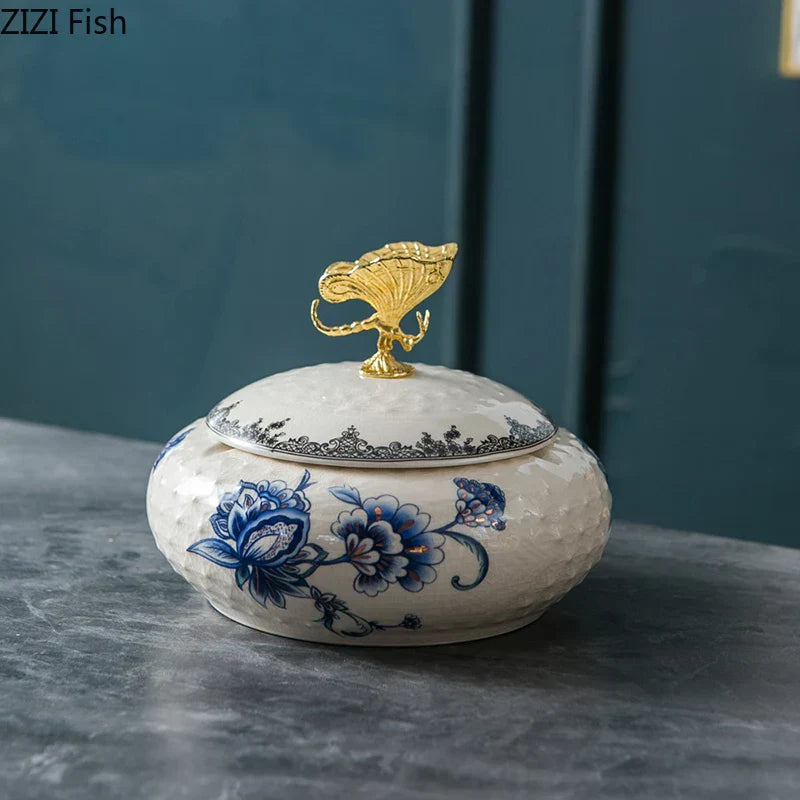 DecorBites™ Dragonfly Lid Ceramic Jewelry Box - Round Floral Pattern Storage Jar
