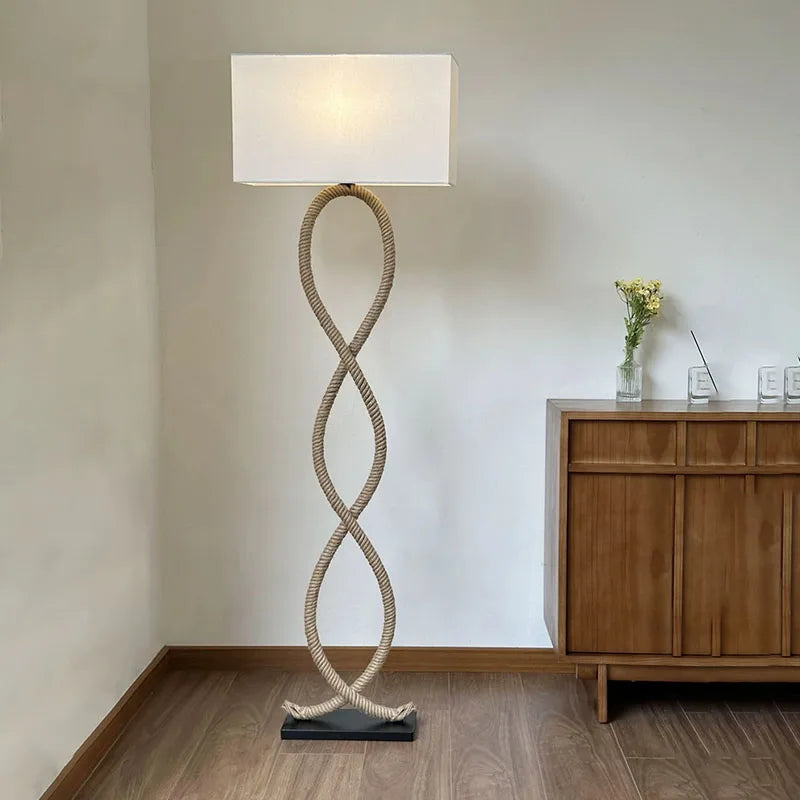 مصباح أرضي LED DecorBites™ بتصميم حبل القنب وقماش الظل بنمط وابي سابي ريترو شمالي
