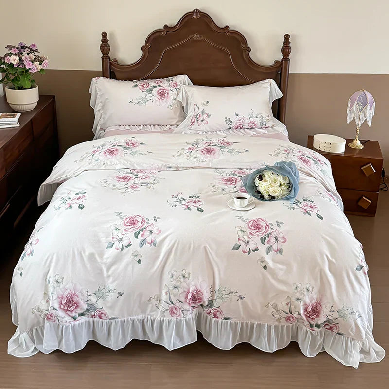 DecorBites™ French Flowers Lace Ruffles Princess Bedding Set with Bed Sheet Pillowcases