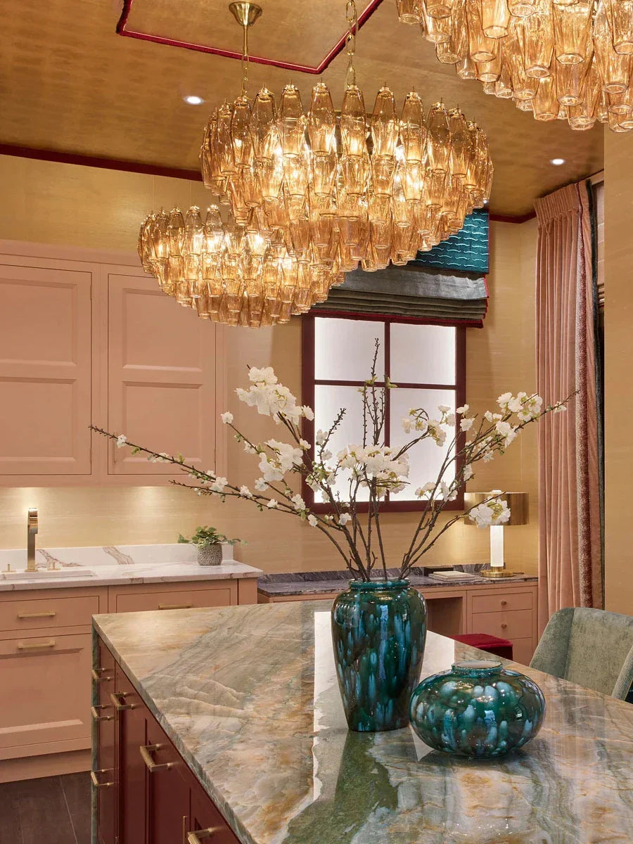 "DecorBites™ Large Pink Glass Chandelier Amber Classic Lighting for Dining Room"