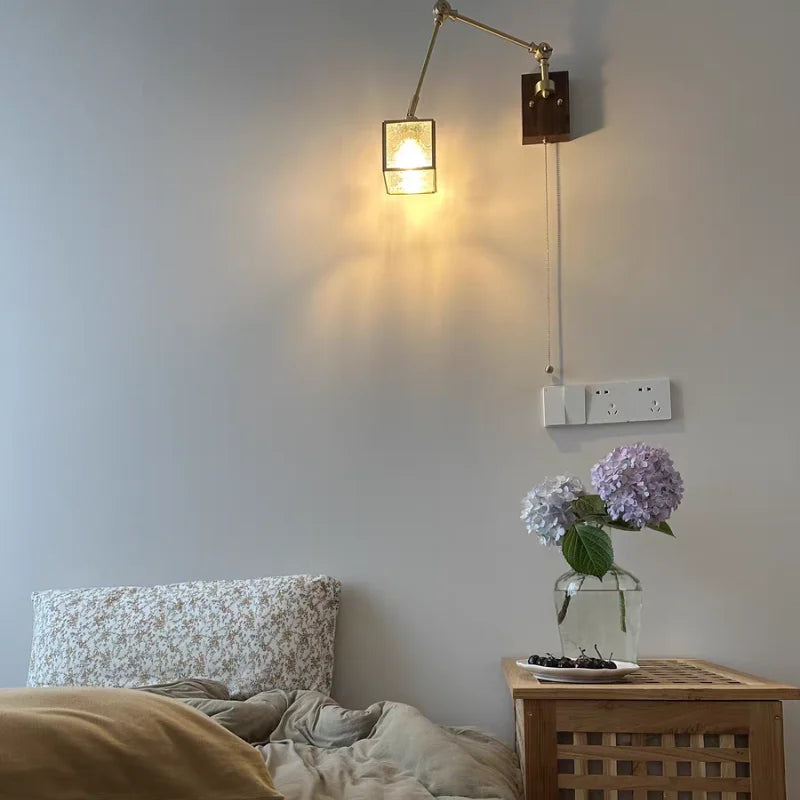 DecorBites™ Cube Glass LED Wall Sconce Walnut Wood 2 Arms Rotatable Mirror Light