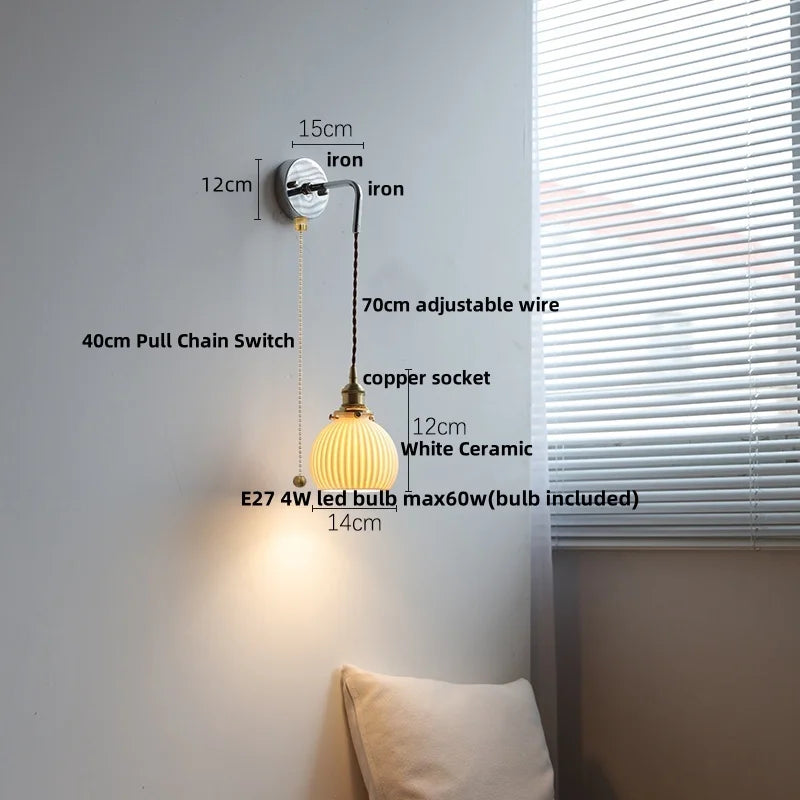 DecorBites™ Ceramic Canopy LED Wall Lamp, Adjustable Wire, Pull Chain Switch