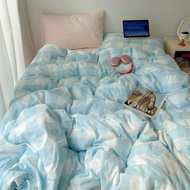 DecorBites™ Cozy Cotton Grid Bedding Sets for Student Dorms - Queen/King Bedclothes