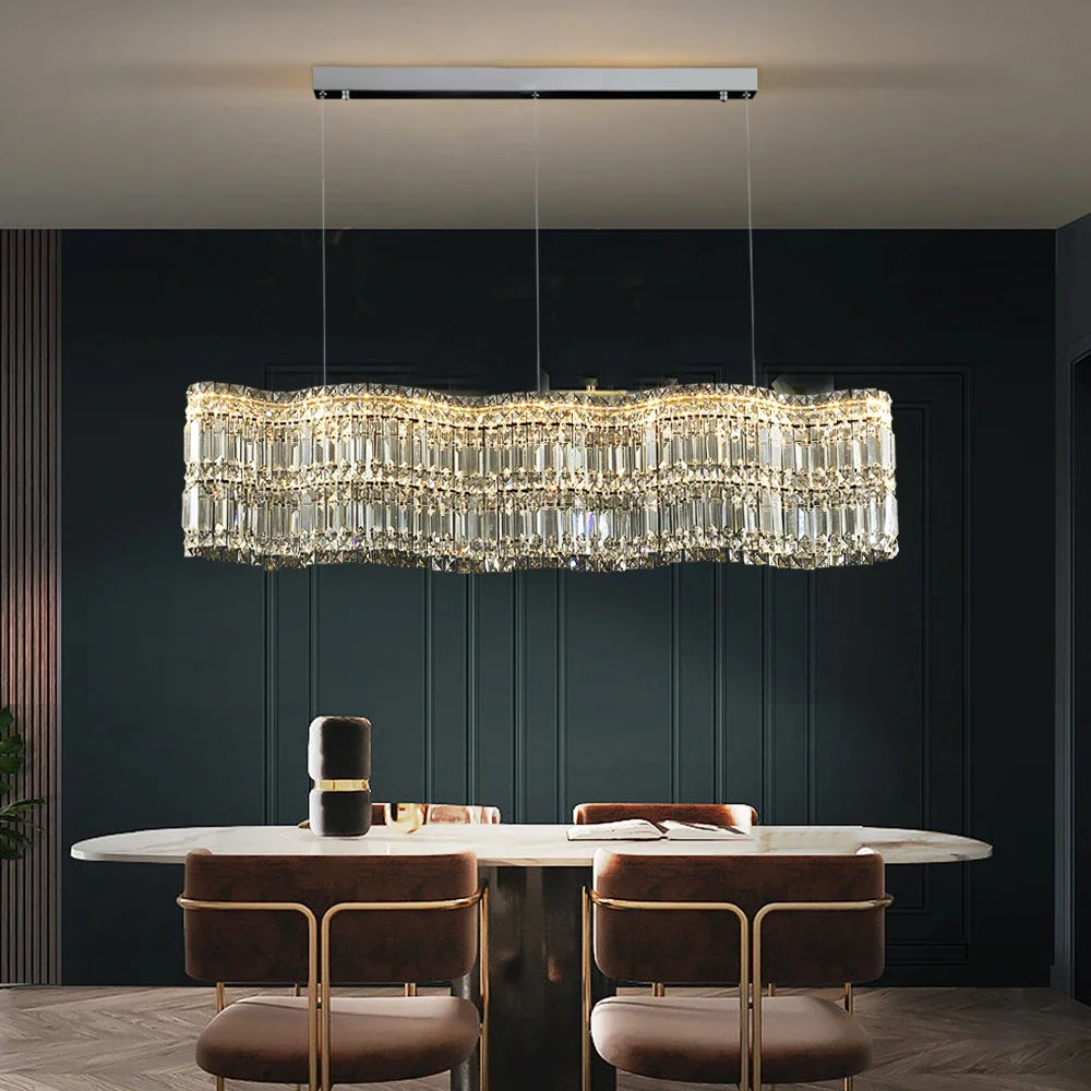 Modern Linear Crystal Pendant Light In Brushed Stainless
