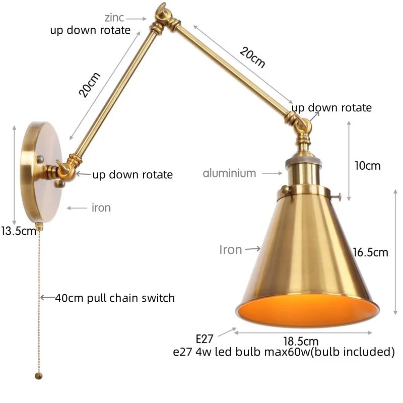 مصباح حائط DecorBites™ LED بذراع طويل مع مفتاح سحب لسلسلة للمنزل والفندق والحمام