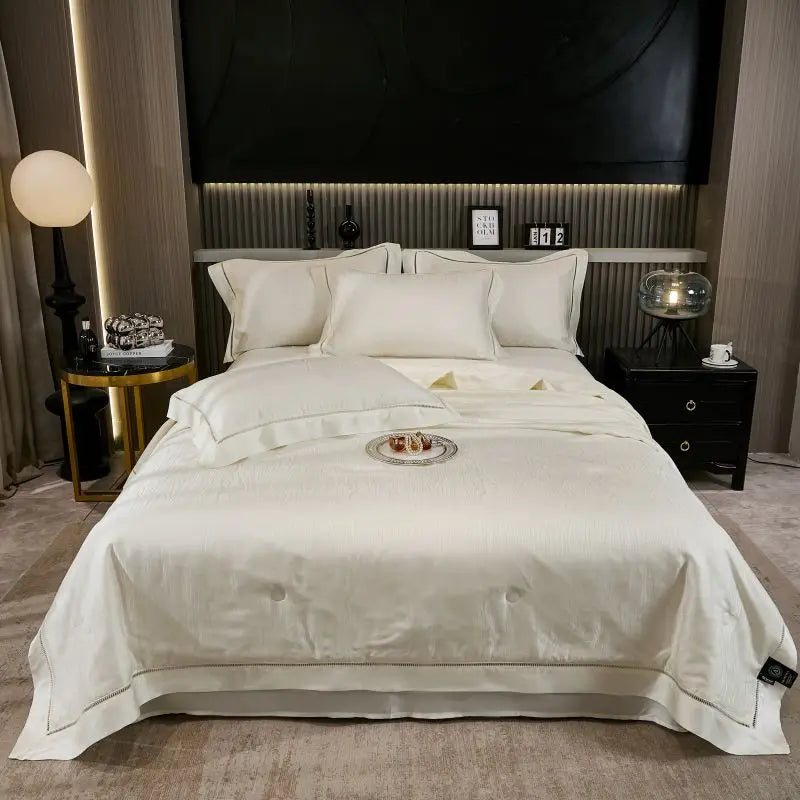 DecorBites™ Eucalyptus Fiber Jacquard Summer Quilt Set with Soft Silky Comforter, Sheet, Pillowcases