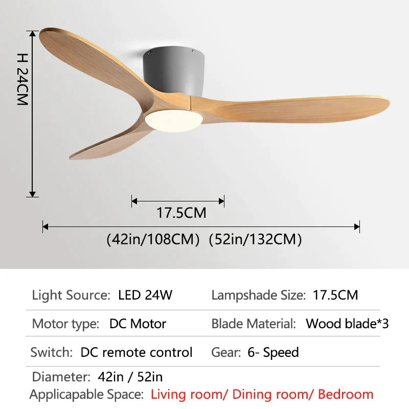 DecorBites™ 52" Low Floor Fan Lights Wood Blade Remote Control Ceiling Fan Strong Winds
