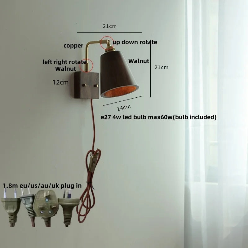 DecorBites™ Copper LED Wall Light Sconce Pull Chain Switch Rotatable Bedside Lamp