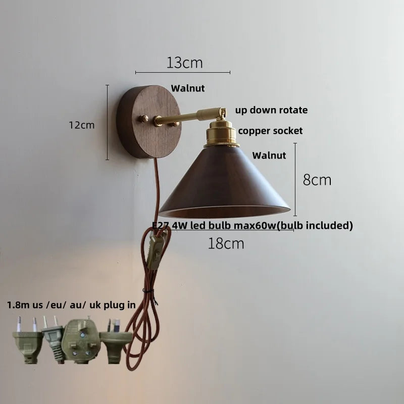 DecorBites™ Copper Lampshade LED Wall Sconce Pull Chain Switch Nordic Modern Walnut Wood Mirror Light