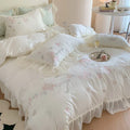 DecorBites™ 4Pcs Flowers Embroidery Princess Queen Bedding Set with Lace Ruffles