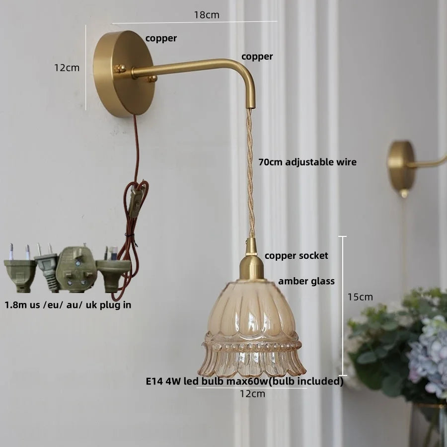 DecorBites™ Amber Glass LED Wall Light with Pull Chain Switch, Modern Nordic Flower Wall Sconce