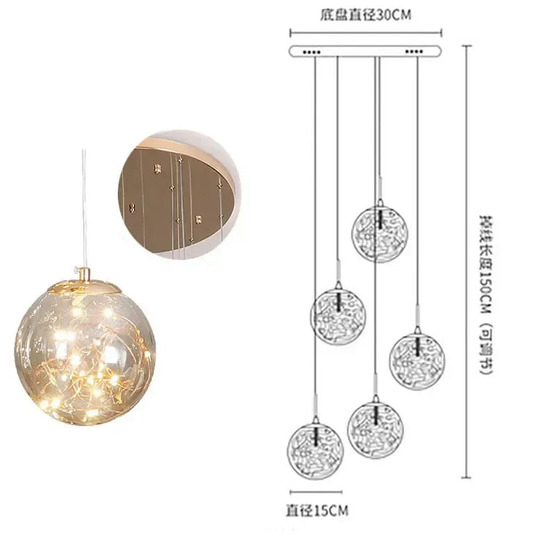ثريا زجاجية ذهبية بإضاءة LED من DecorBites™: تجهيزات إضاءة للدرج بتصميم كروي دائري بسيط