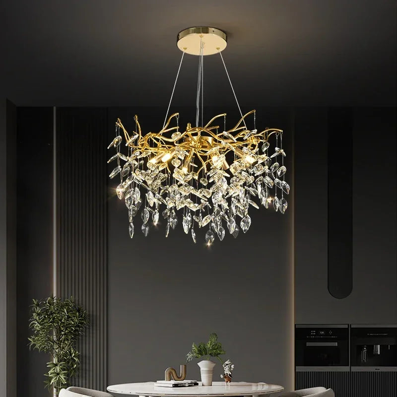 DecorBites™ Golden Branch Ceiling Crystal Chandelier for Bedroom Living Room Lighting