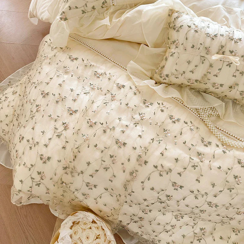 DecorBites™ French Princess Floral Lace Ruffles Bedding Set with Imitation Pearls