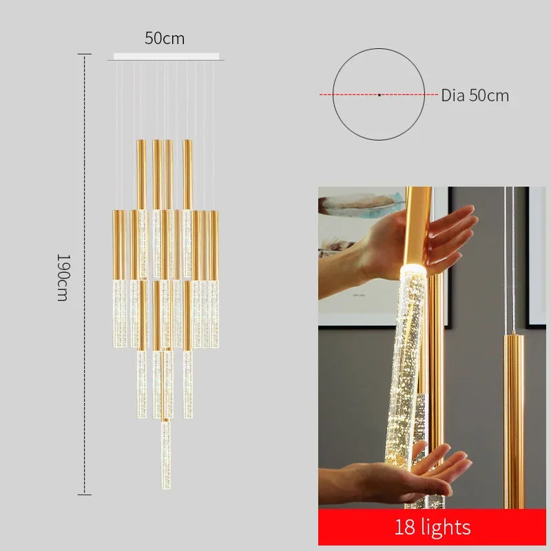 DecorBites™ ثريا كريستالية للسلالم - إضاءة LED ذهبية حديثة لغرفة المعيشة