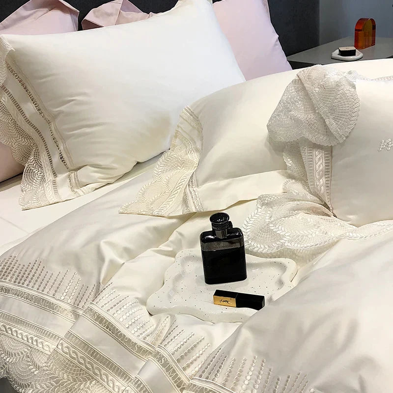 طقم مفروشات دانتيل مكشكش من DecorBites™، قطن مصري 1000TC، نمط أميرة فاخر