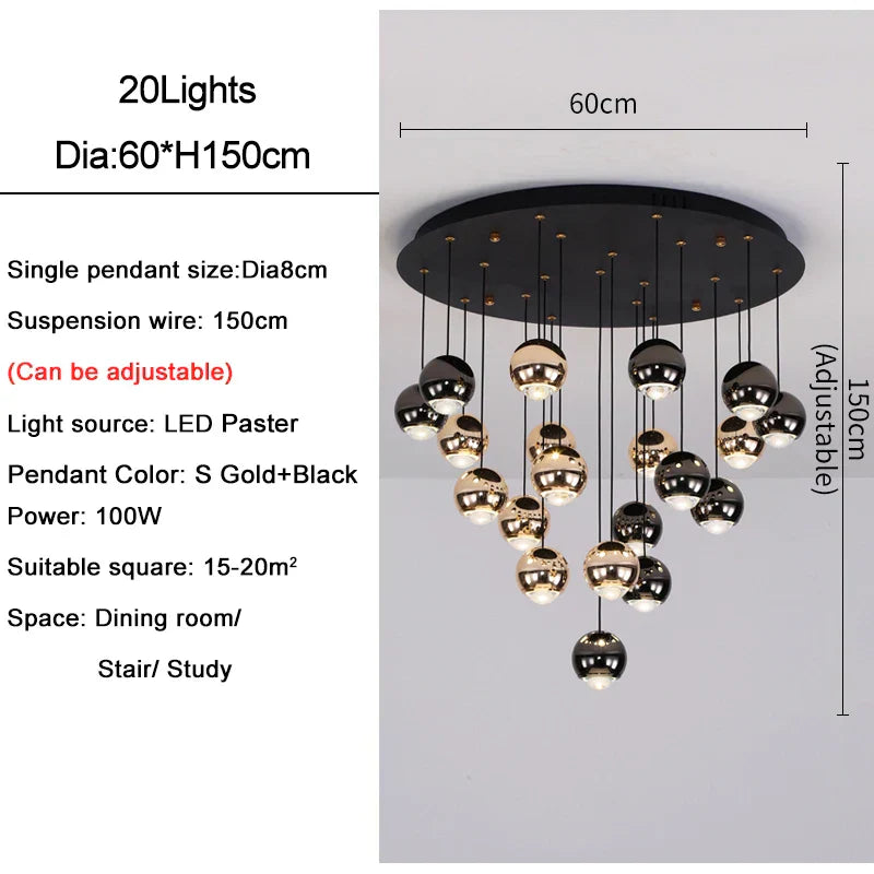 DecorBites™ Crystal Ball Pendant Light for Modern Living Room, Black & Gold Luxury Fixture