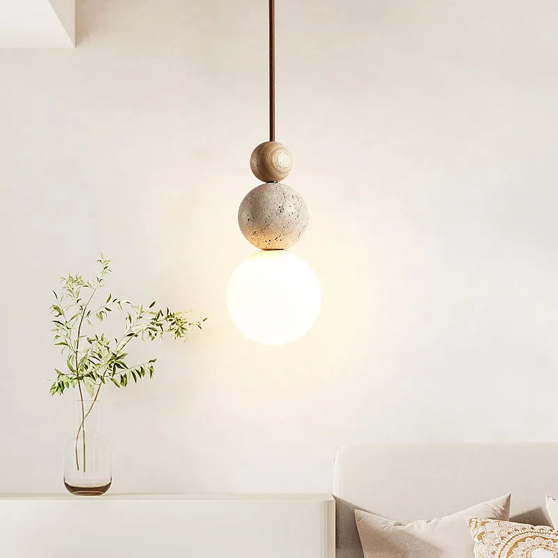 Cream Yellow Travertine And Wood Pendant Light