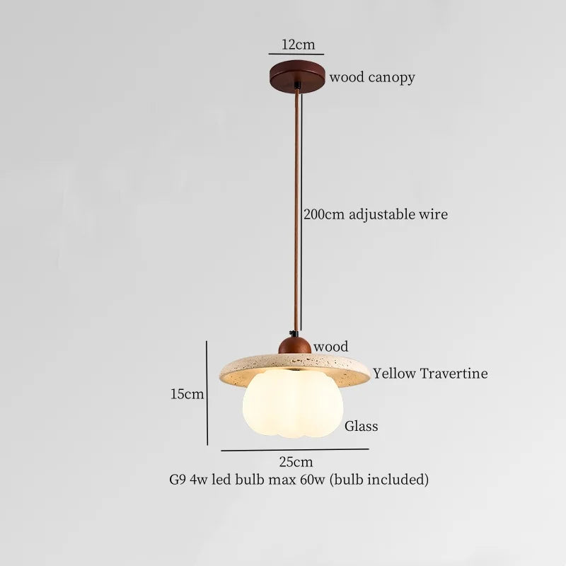 DecorBites™ Cream Glass LED Pendant Lights Modern Wood Yellow Travertine Pendant Lamp
