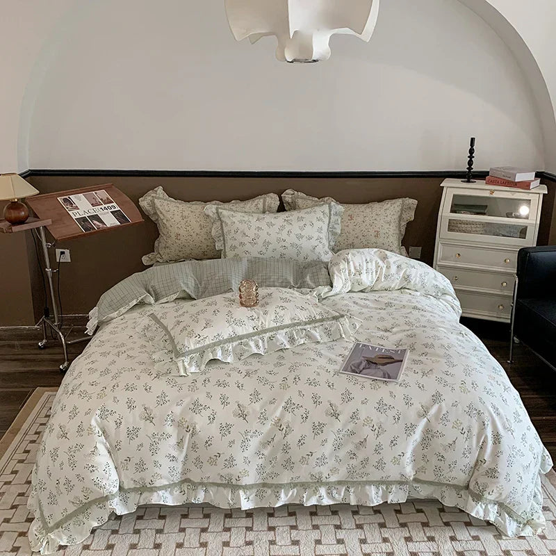 DecorBites™ French Floral Bedding Set, 100% Cotton, Ruffles, Duvet Cover, Bed Sheet, Pillowcases
