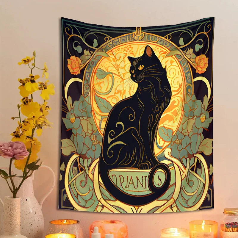 DecorBites™ Black Cat Tapestry Wall Hanging Art Nouveau Floral Boho Decor