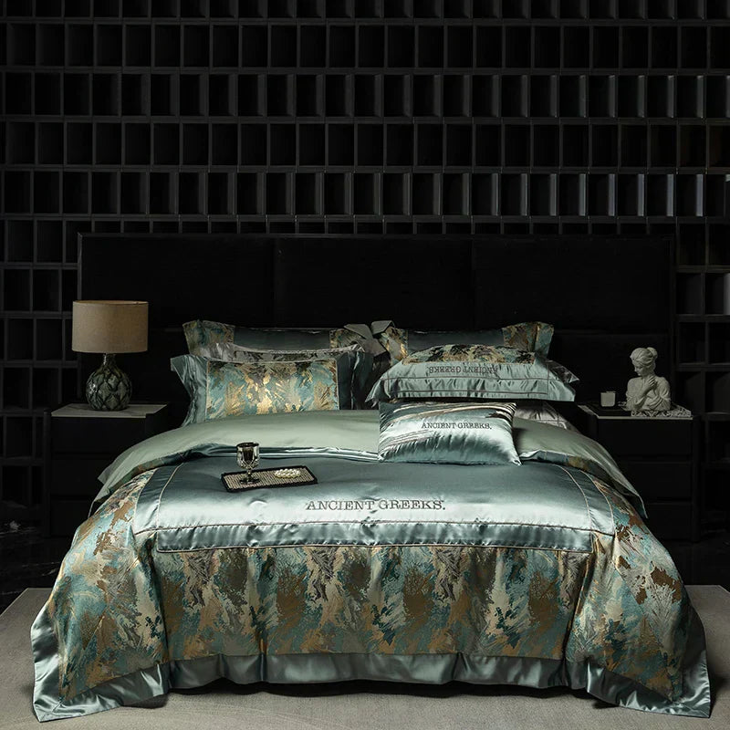 طقم مفرش سرير جاكار وبروكار فاخر من DecorBites™ مع قطن مصري وتطريز