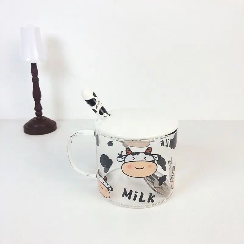 DecorBites™ 13.5oz Cow Pattern Glass Mug with Spoon Lid for Student Dormitory
