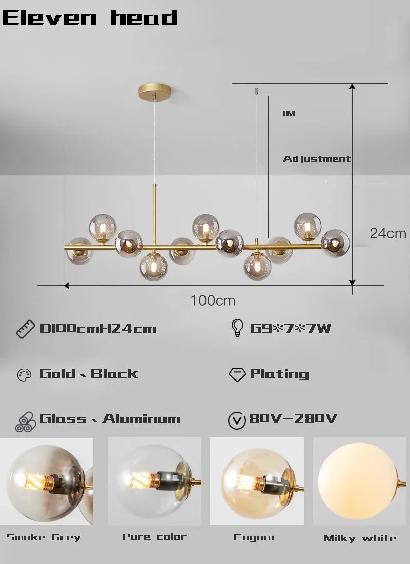 مصباح قلادة LED زجاجي ذهبي من DecorBites™ بـ 11 رأسًا لغرفة المطبخ والطعام