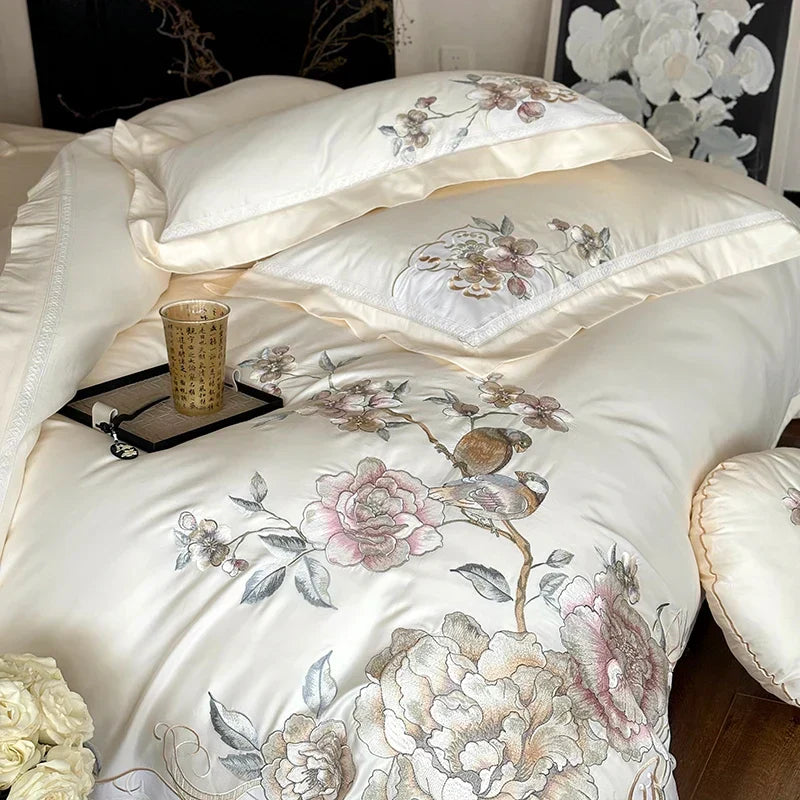 DecorBites™ 5-Piece Chinese Flowers Bird Embroidery Bedding Set, 1000TC Egyptian Cotton, Queen King