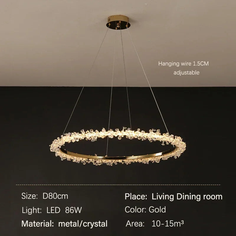 DecorBites™ ثريا كريستال ذهبية مستديرة | ثريا هالو LED فاخرة بنمط نورديك لغرفة المعيشة